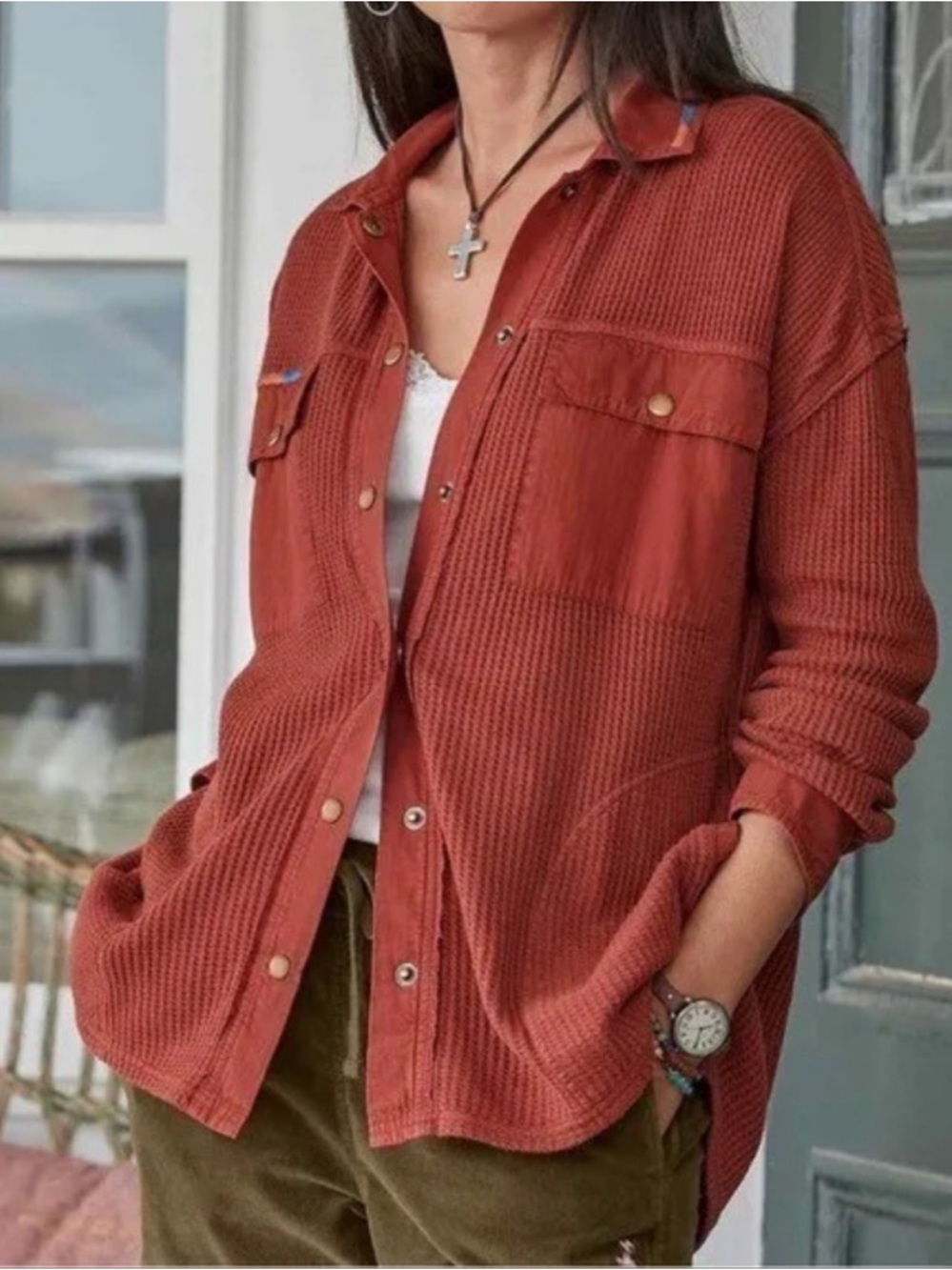 SUNDANCE Waffle Knit Prudence Oversized Boho Shirt Jacket Pockets Size Large
